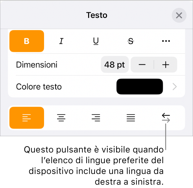 Controlli del testo nel menu Formato con una didascalia che indica il pulsante “Da destra a sinistra”.