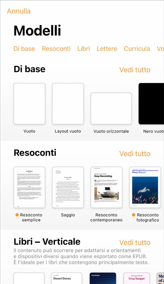 “Scelta modelli”, in cui è visibile una riga di categorie nella parte superiore dello schermo che puoi toccare per filtrare le opzioni. Sotto ci sono delle miniature di modelli con design predefinito disposti in riga per categoria, a partire da Nuovo in cima e seguiti da Recenti e “Di base”. Viene visualizzato un pulsante “Vedi tutto” in alto e a destra di ciascuna riga della categoria. Il pulsante relativo a lingua e zona si trova nell’angolo superiore destro.