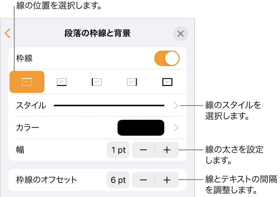 線のスタイル、太さ、位置、カラーを変更するためのコントロール。