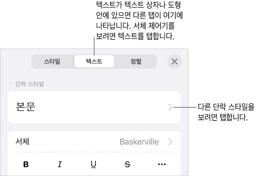 단락 및 문자 스타일, 서체, 크기 및 색상을 설정할 수 있는 텍스트 제어기를 표시하는 포맷 메뉴.