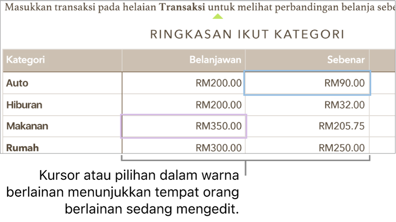 Kursor dan pilihan dalam warna berlainan menunjukkan tempat orang berlainan sedang mengedit.