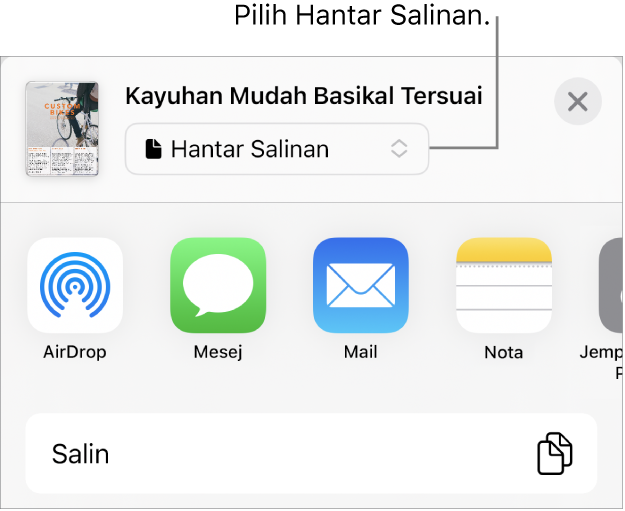 Menu Kongsi dengan Hantar Salinan dipilih di bahagian atas.