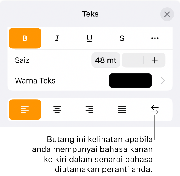 Kawalan teks dalam menu Format dengan petak bual menuding ke butang Kanan ke Kiri.