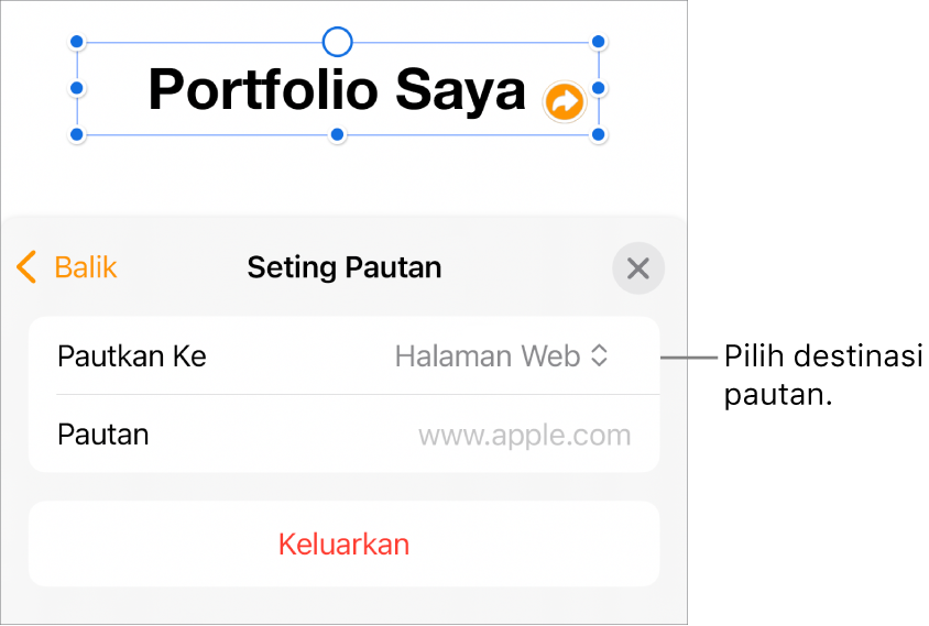 Kawalan Seting Pautan dengan Halaman Web dipilih dan butang Keluarkan di bahagian bawah.