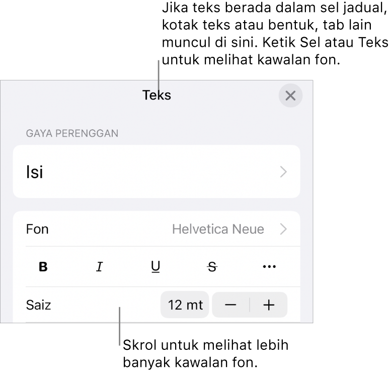 Kawalan teks dalam menu Format untuk mengesetkan perenggan dan gaya, fon, saiz dan warna aksara.