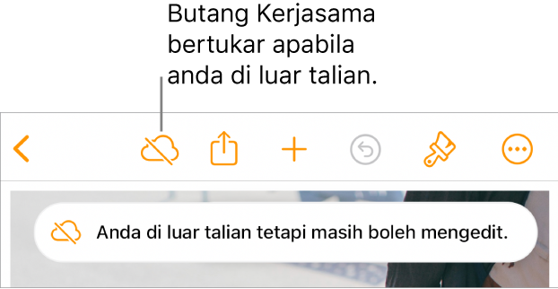 Butang di bahagian atas skrin, dengan butang Kerjasama bertukar menjadi awan dengan garis pepenjuru merentasinya. Isyarat pada skrin menyatakan “Anda di luar talian tetapi masih boleh mengedit”.