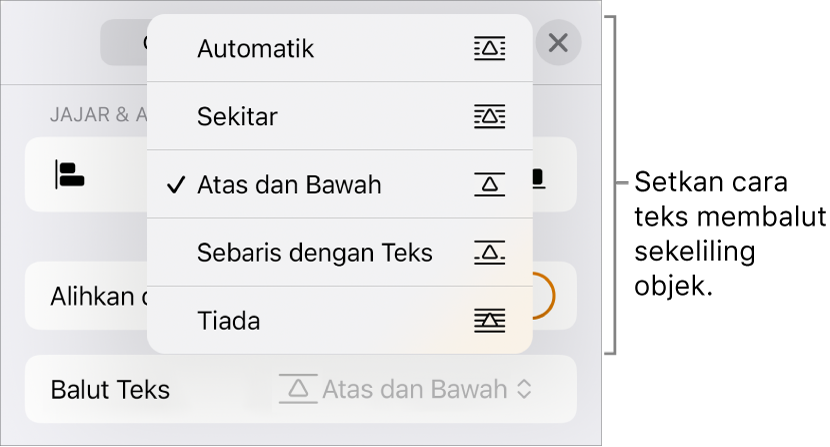 Kawalan Balut Text dengan Seting untuk Automatik, Di Sekeliling, Atas dan Bawah, Sebaris dengan Teks dan Tiada.