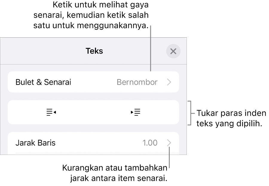 Bahagian Bulet & Senarai daripada kawalan Format dengan petak bual ke Bulet & Senarai, butang outden dan inden serta kawalan jarak baris.