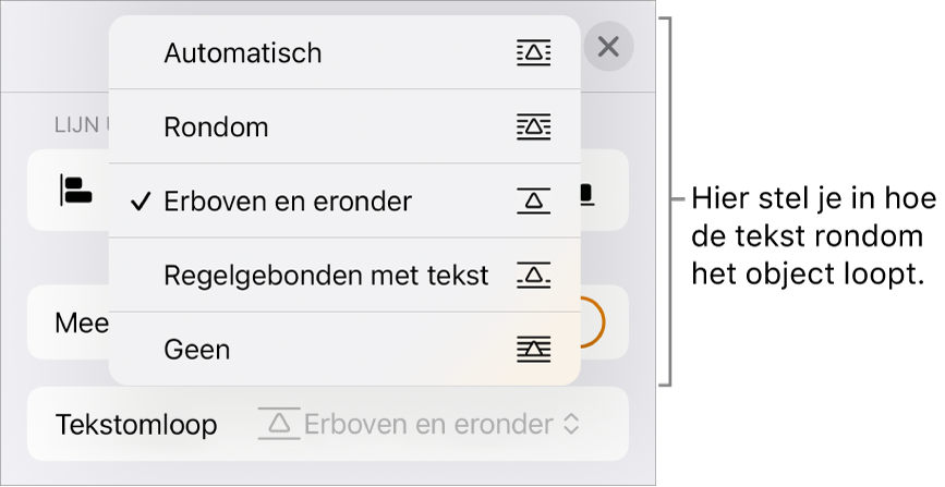 De regelaars voor tekstomloop met instellingen voor 'Automatisch', 'Rondom', 'Erboven en eronder', 'Regelgebonden met tekst' en 'Geen'.