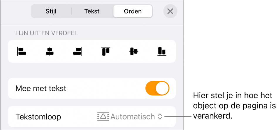 De ordenfuncties met 'Mee met tekst' en 'Tekstomloop'.