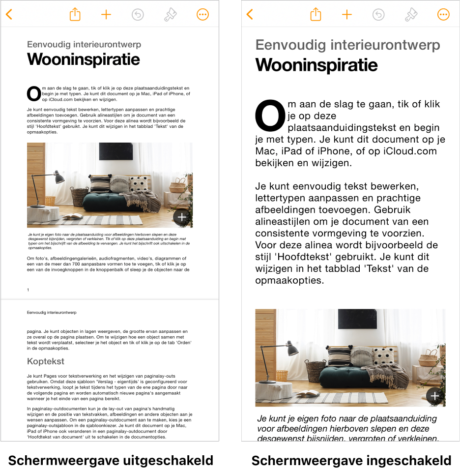 Twee weergaven van hetzelfde Pages-document. In de ene is de schermweergave ingeschakeld en in de andere is de schermweergave uitgeschakeld.