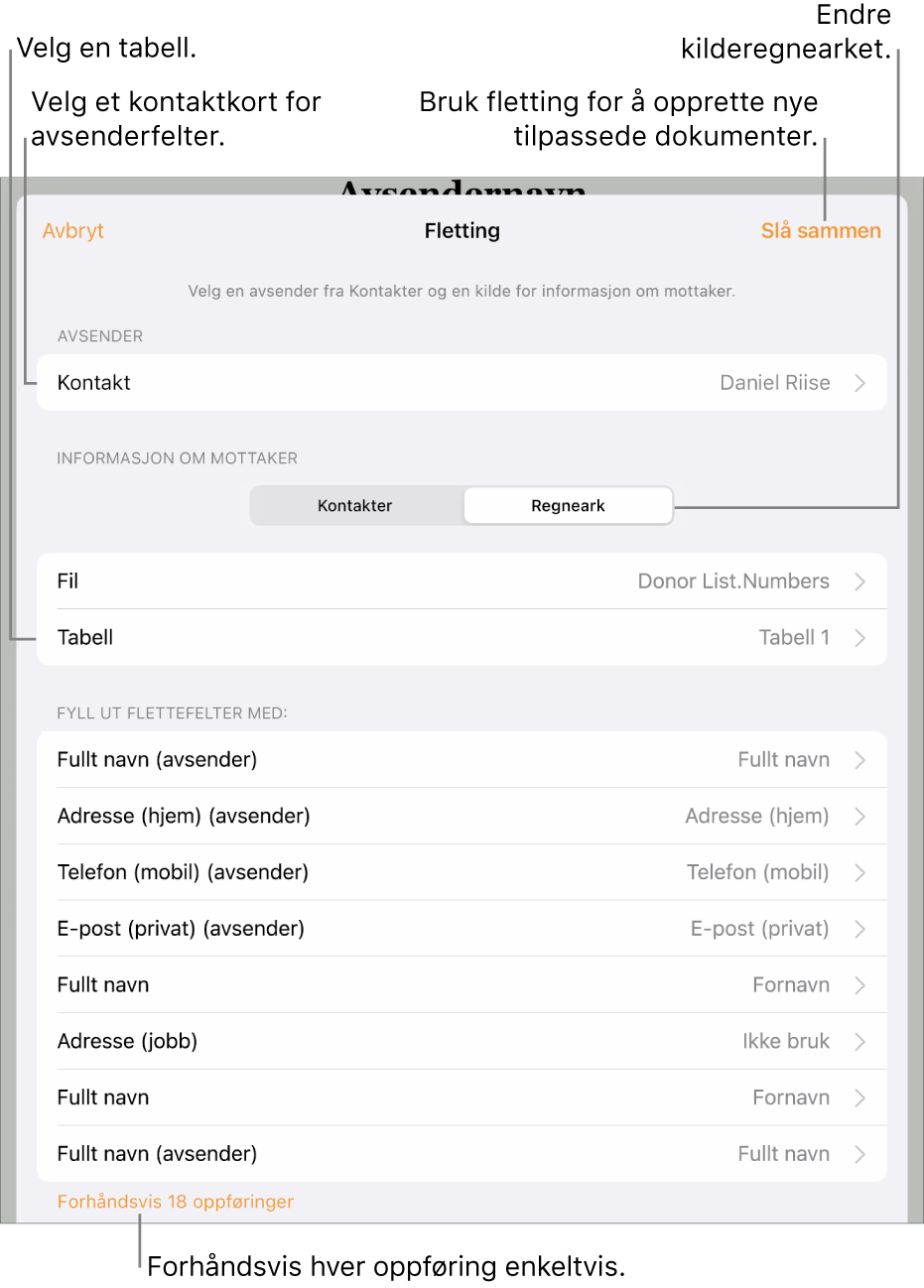 Fletting-panelet er åpent, med valg for å velge avsenderinformasjon, endre kildefil eller -tabell, forhåndsvise flettefeltnavn eller individuelle oppføringer og flette dokumentet.