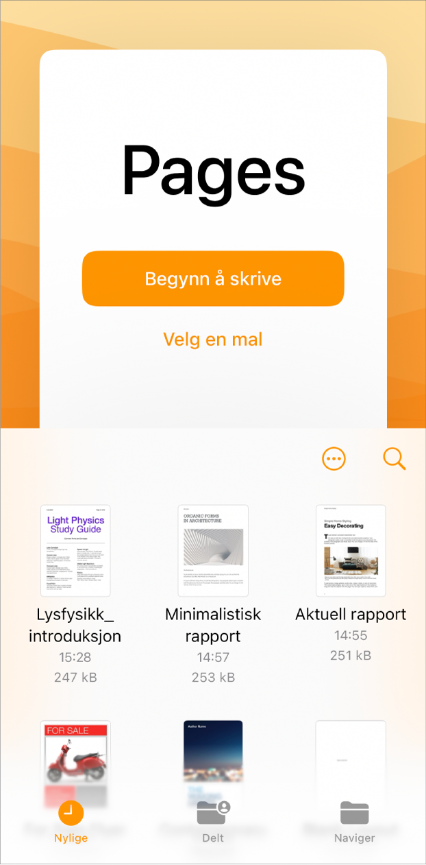 Velkomstskjermen til Pages med valgene Begynn å skrive og Velg en mal øverst, og nylige dokumenter nederst.