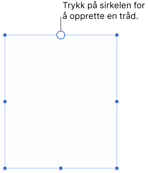 En tom tekstrute med en hvit sirkel øverst og størrelsesendringshåndtak i hjørnene, på sidene og nederst.
