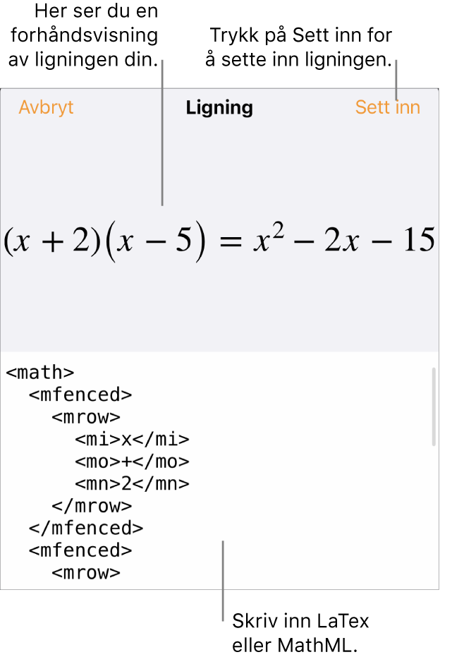 Ligning-dialogruten, som viser en formel skrevet med MathML-kommandoer, og en forhåndsvisning av formelen ovenfor.