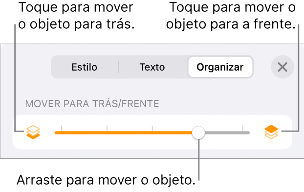 Botão Mover para Trás, botão Mover para a Frente e controle deslizante de camada