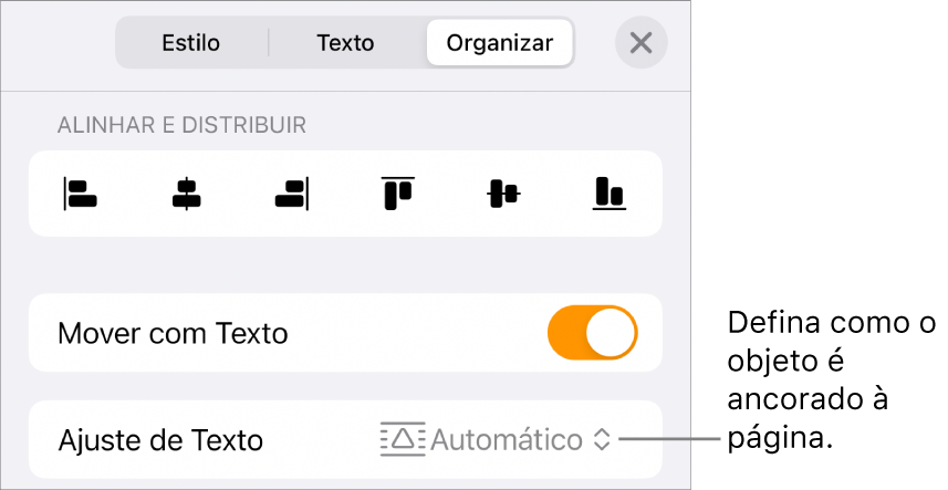 Controles em Organizar, com “Mover com Texto” e “Ajuste de Texto”.