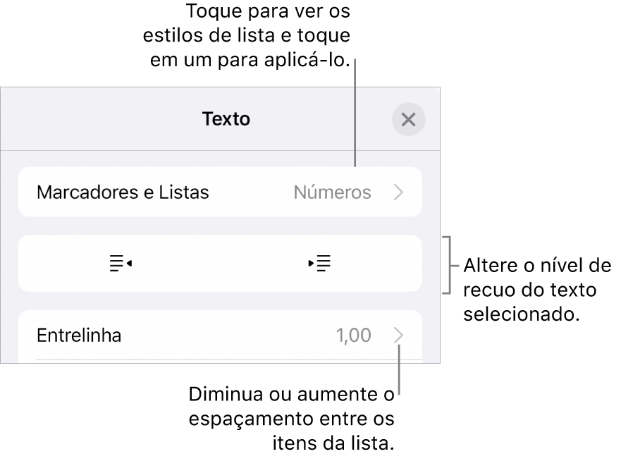 Seção “Marcadores e Listas” dos controles de Formatação, com chamadas para “Marcadores e Listas”, botões para aumentar ou diminuir o recuo e controles de entrelinha.