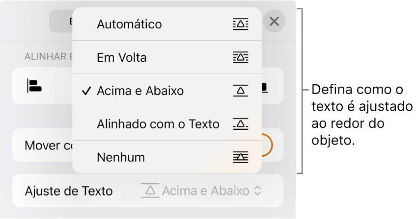 Controles em “Ajuste de Texto”, com ajustes Automático, Em Volta, “Acima e Abaixo”, “Alinhado com o Texto” e Nenhum.