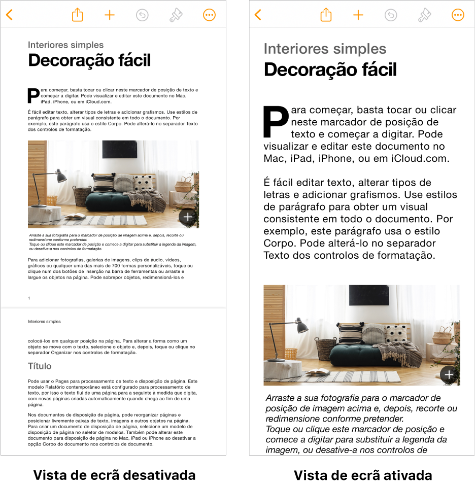 Duas vistas do mesmo do documento do Pages, um com a vista de ecrã ativada e um com a vista de ecrã desativada.