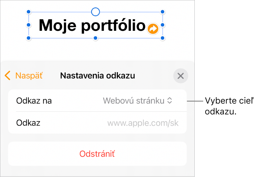 Ovládacie prvky nastavení odkazov s vybranou položkou Webová stránka a tlačidlom Odstrániť v dolnej časti.