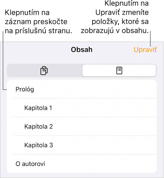 Zobrazenie obsahu s nadpismi zobrazenými vo forme zoznamu. Tlačidlo Upraviť sa nachádza v pravom hornom rohu a v dolnom rohu sa nachádzajú tlačidlá Miniatúry strán a Obsah.