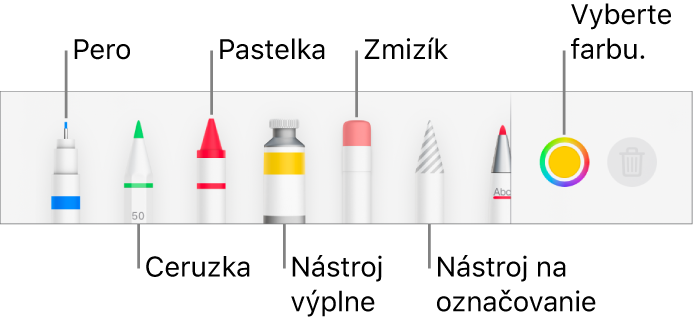 Panel s nástrojmi kreslenia v Pages na iPhone s perom, ceruzkou, pastelkou, výplňou, zmizíkom, nástrojom výberu a vzorkovníkom farieb zobrazujúcim aktuálnu farbu.