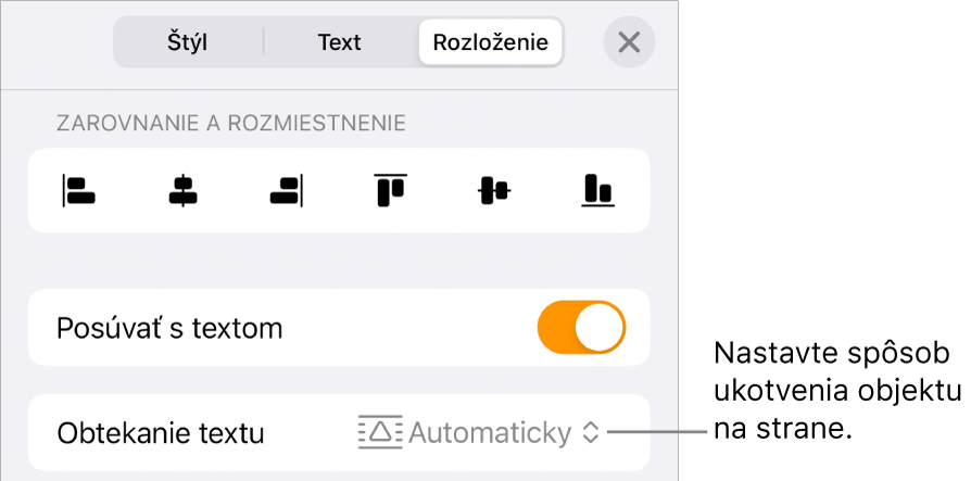 Ovládacie prvky usporiadania s možnosťami Presunúť s textom a Obtekanie textu.