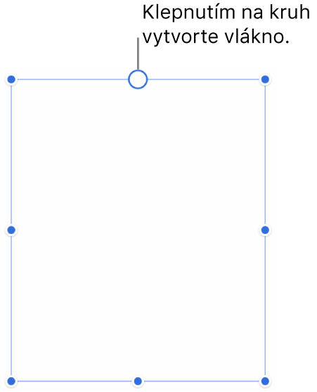 Prázdne textové pole s bielym kruhom v hornej časti a úchytmi na zmenu veľkosti v rohoch, na stranách a v dolnej časti.