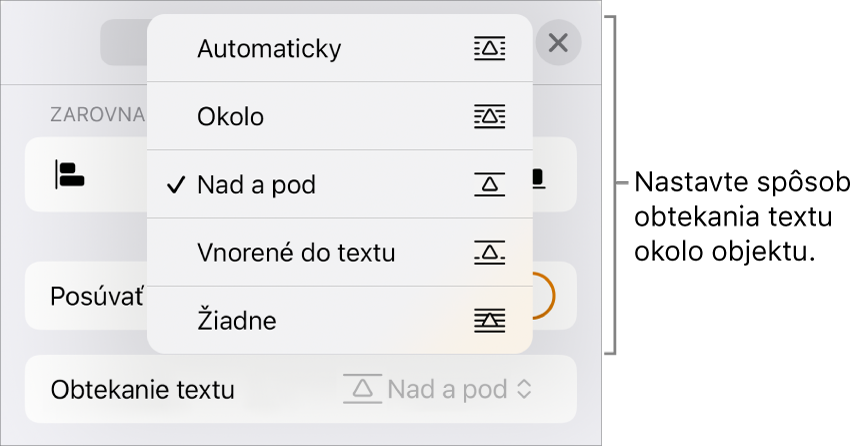 Ovládacie prvky Obtekanie textu s možnosťami Automatické, Dookola, Nad a pod, Vnorené do textu a Žiadne.