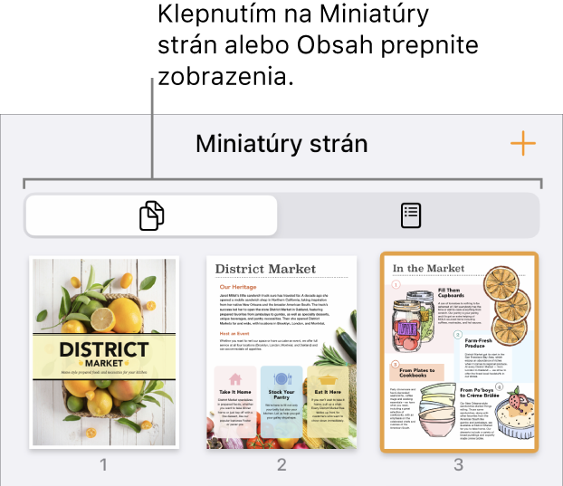 Zobrazenie Miniatúry strán s miniatúrami jednotlivých strán. Tlačidlá Miniatúry strán a Obsah sa nachádzajú v dolnej časti obrazovky.