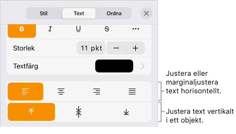 Panelen Layout med linjer som pekar på knapparna för textjustering och mellanrum.