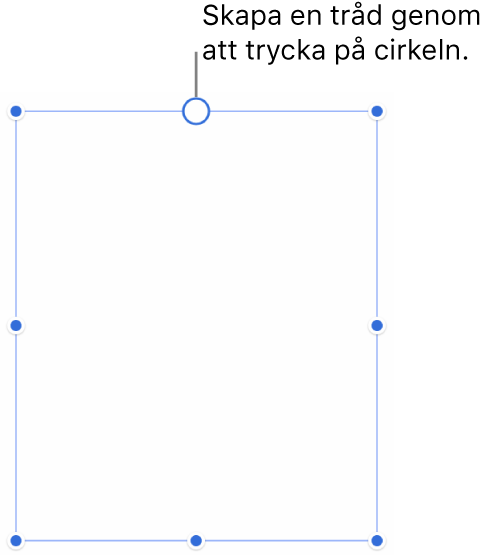 En tom textruta med en vit cirkel överst och handtag för storleksändring i hörnen, på sidorna och på nederkanten.