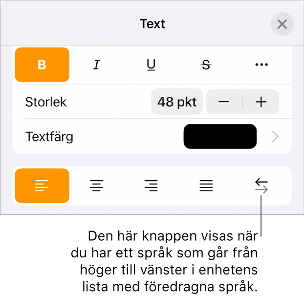 Textreglage i menyn Format med en linje som pekar på höger-till-vänsterknappen.