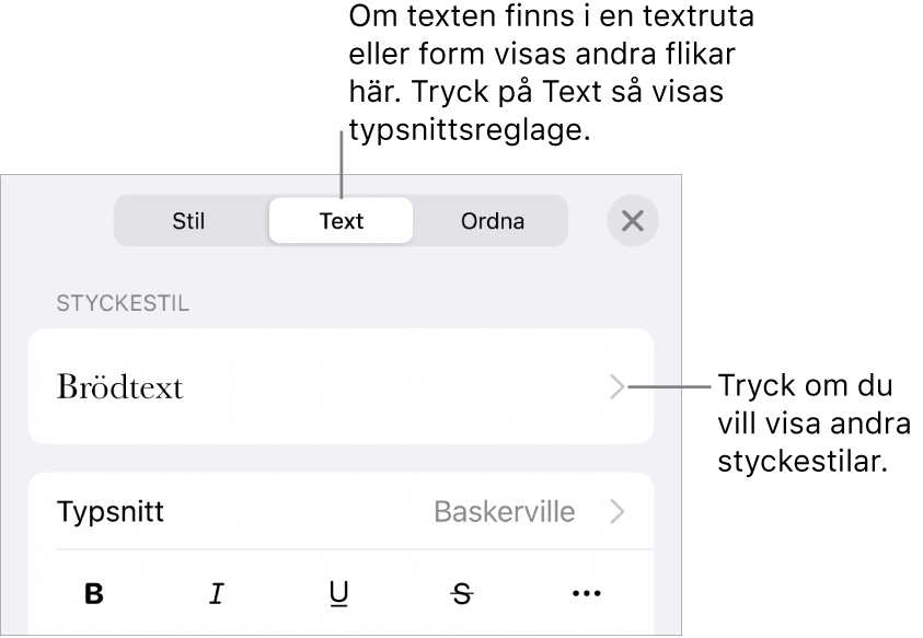 Menyn Format med textreglage för att ställa in stycke- och teckenstilar, typsnitt, storlek och färg.