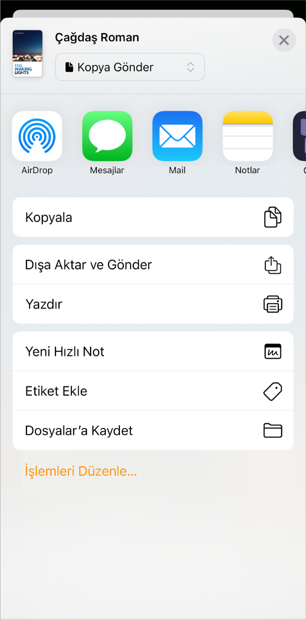 Paylaş menüsü görünüyor; en üstte gönderme seçenekleri ve alt tarafta Kopyala, Dışa Aktar ve Gönder, Yazdır, Yeni Hızlı Not, Etiket Ekle ve Dosyalar’a Kaydet seçenekleri var.