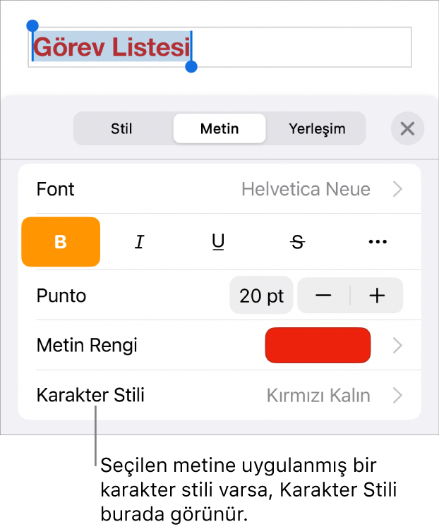 Renk denetimlerinin altında Karakter Stili ile Metin biçimleme denetimleri. Karakter stili olarak yanında yıldızla Yok görünüyor.