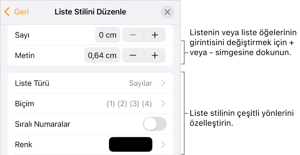 Girinti aralığı, liste türü ve biçimi, katmanlı sayılar ve satır aralığı ile Liste Stilini Düzenle menüsü.