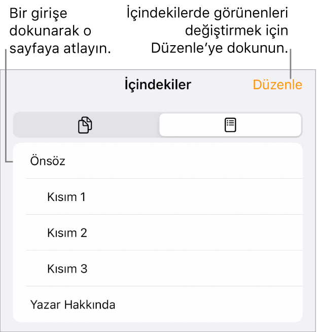 Listedeki konu başlıklarıyla birlikte içindekiler görüntüsü. Düzenle düğmesi sağ üst köşededir, en altta da Sayfa Küçük Resmi ve İçindekiler düğmeleri bulunur.