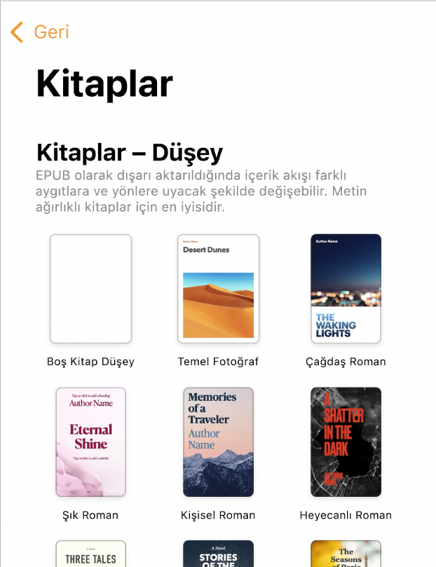 Üstte düşey yönde ve onun altında yatay yönde kitap şablonları ile şablon seçici.