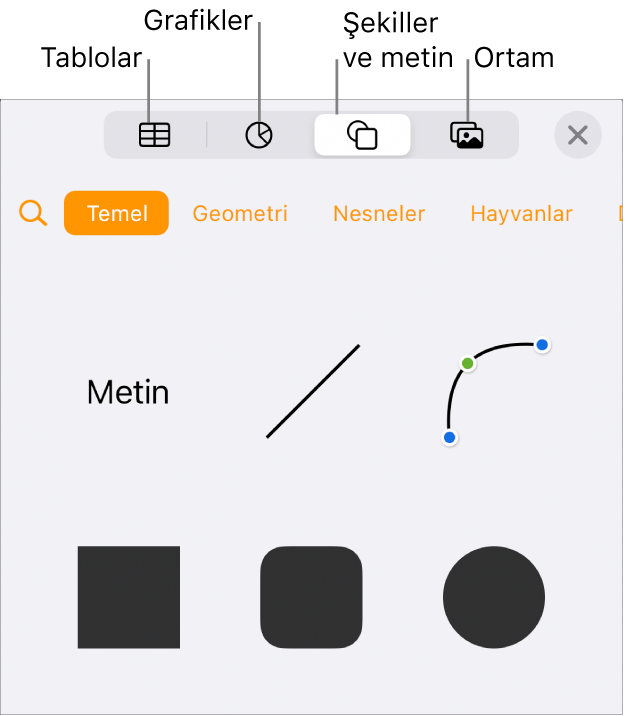 En üstte tablo, grafik, metin, şekil ve ortam ekleme düğmelerinin bulunduğu Ekle denetimleri.