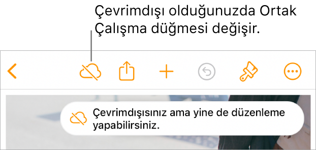 Ekranın en üstündeki düğmeler; Ortak Çalışma düğmesi, üzerinde çapraz bir çizgi olan bir buluta değişmiş. Ekrandaki bir uyarı “Çevrimdışısınız ama yine de düzenleyebilirsiniz” der.