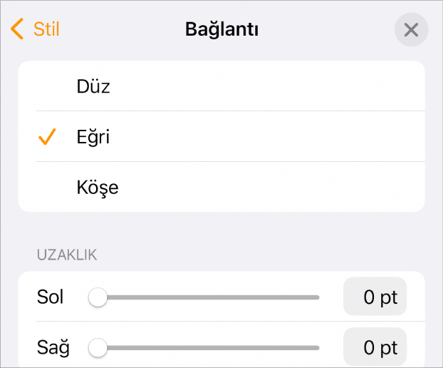 Eğri seçili olan Bağlantı denetimleri.