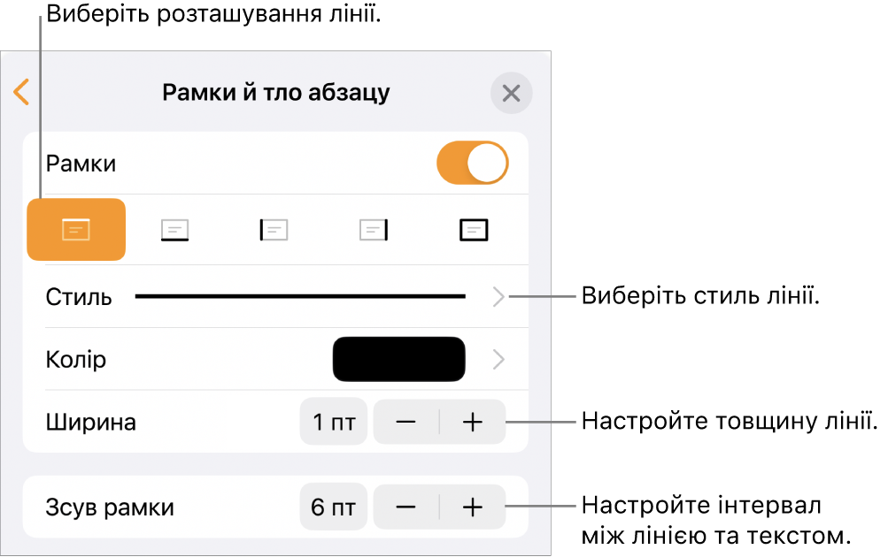 Елементи керування стилем, товщиною, положенням та кольором лінії.