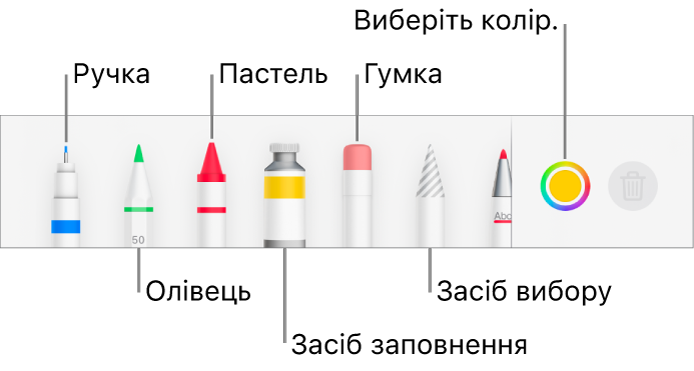 Панель інструментів малювання в Pages на iPhone із ручкою, олівцем, пастеллю, інструментом заповнення, гумкою, інструментом вибору та колірною коміркою, у якій відображається поточний колір.