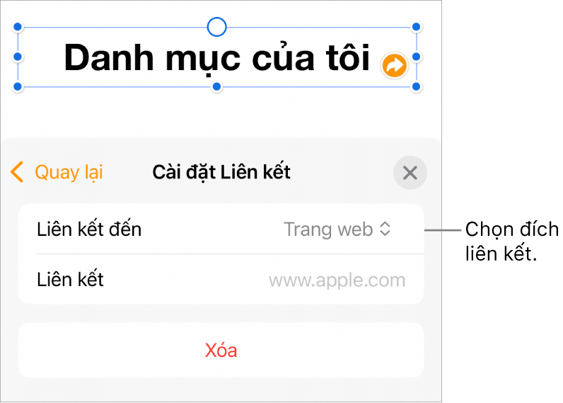 Các điều khiển Cài đặt Liên kết với Trang web được chọn và nút Xóa nằm ở cuối.