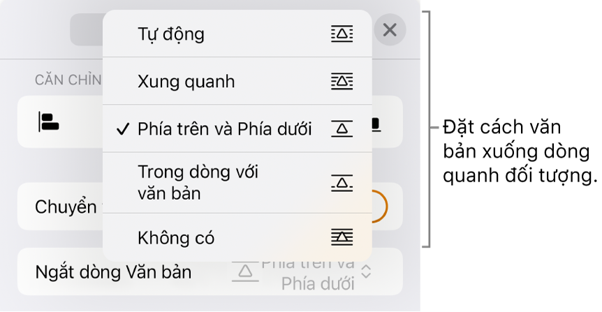 Các điều khiển Ngắt dòng văn bản với cài đặt Tự động, Xung quanh, Phía trên và Phía dưới, Trong dòng với văn bản và Không có.