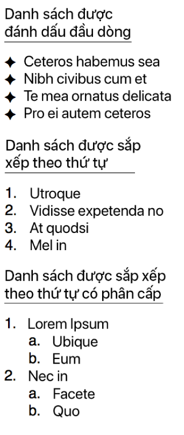 Ví dụ về danh sách có dấu đầu dòng, được sắp xếp thứ tự và phân cấp.