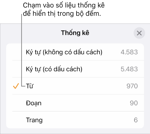 Menu Thống kê đang hiển thị các tùy chọn để hiển thị số lượng ký tự có và không có dấu cách, số từ, số đoạn và số trang.