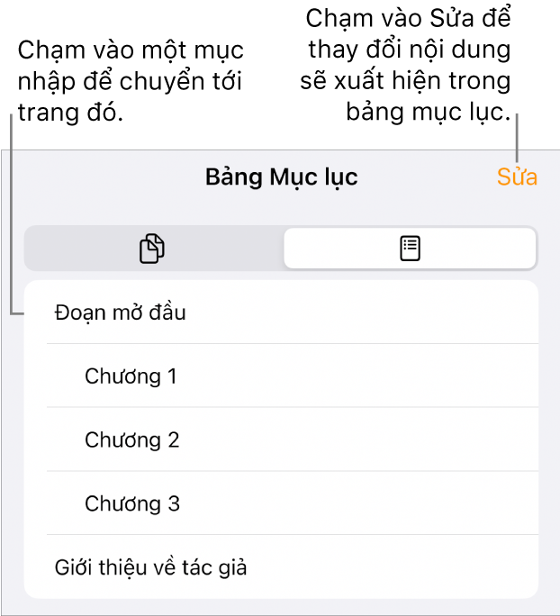 Chế độ xem bảng mục lục với các đề mục trong danh sách. Nút Sửa ở góc trên cùng bên phải và ở dưới cùng là các nút Hình thu nhỏ của trang và Bảng mục lục.